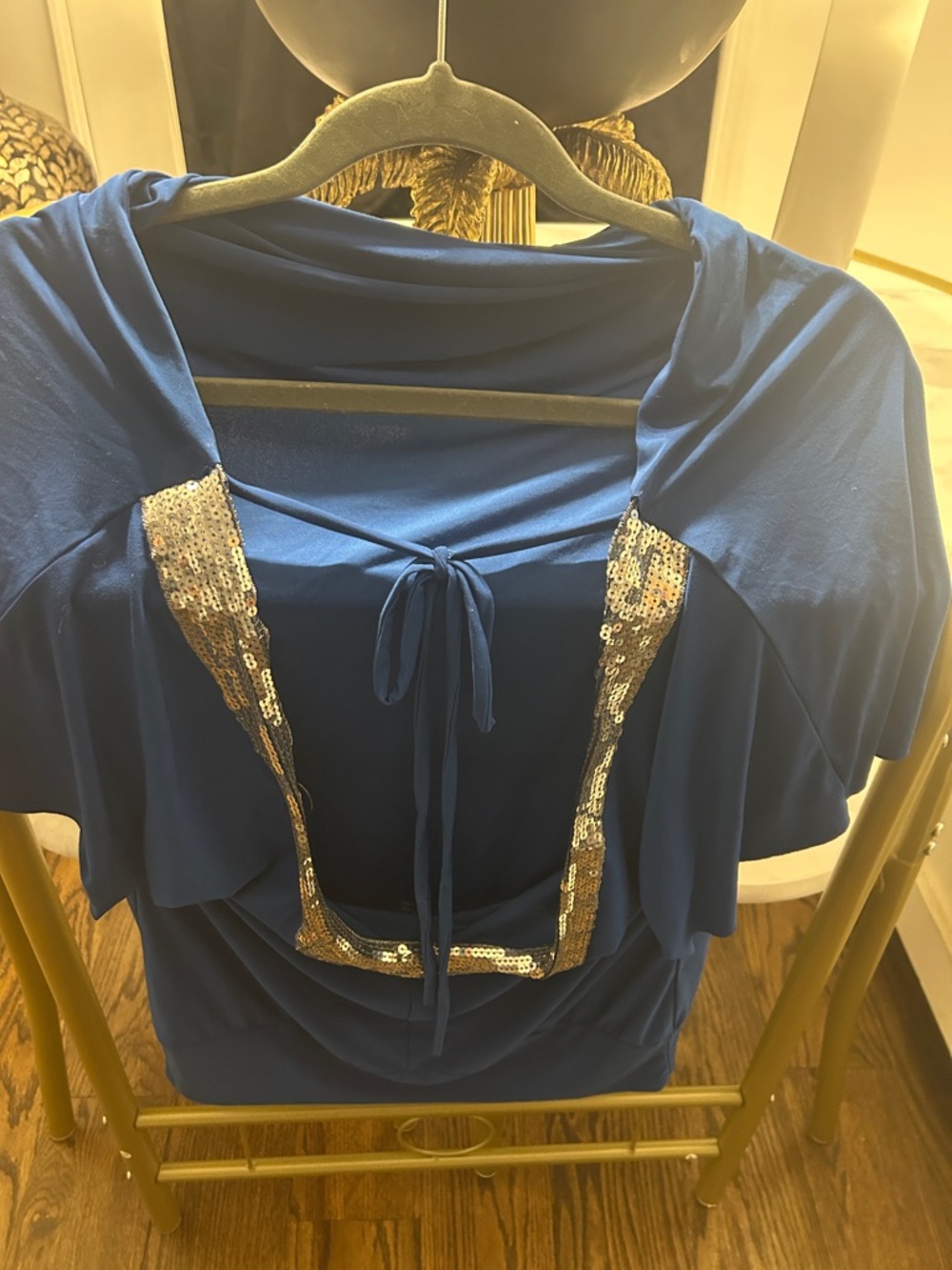 Elegant Women's Blue Sequin-Trim Tie-Back Top